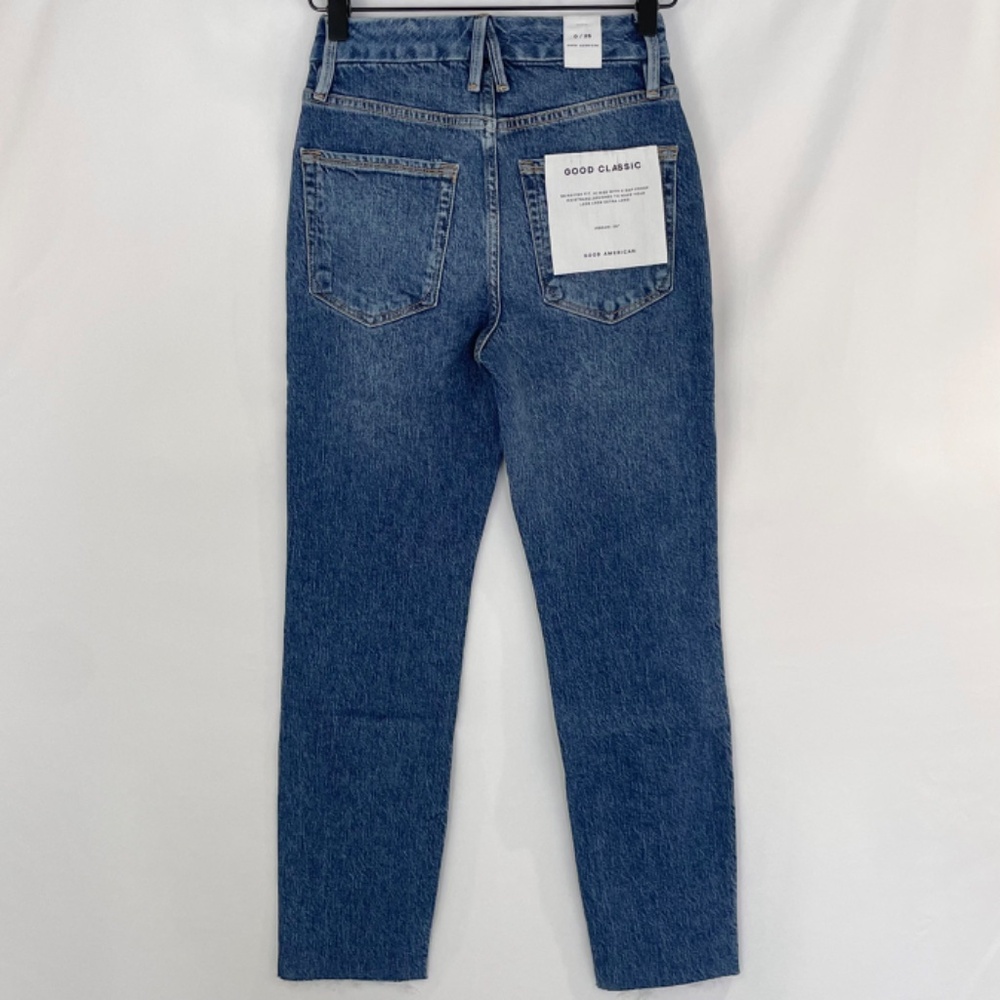 New Good American Slim Straight High Rise Raw Hem Ankle Jeans Blue Size 0 / 25 - Picture 9 of 16